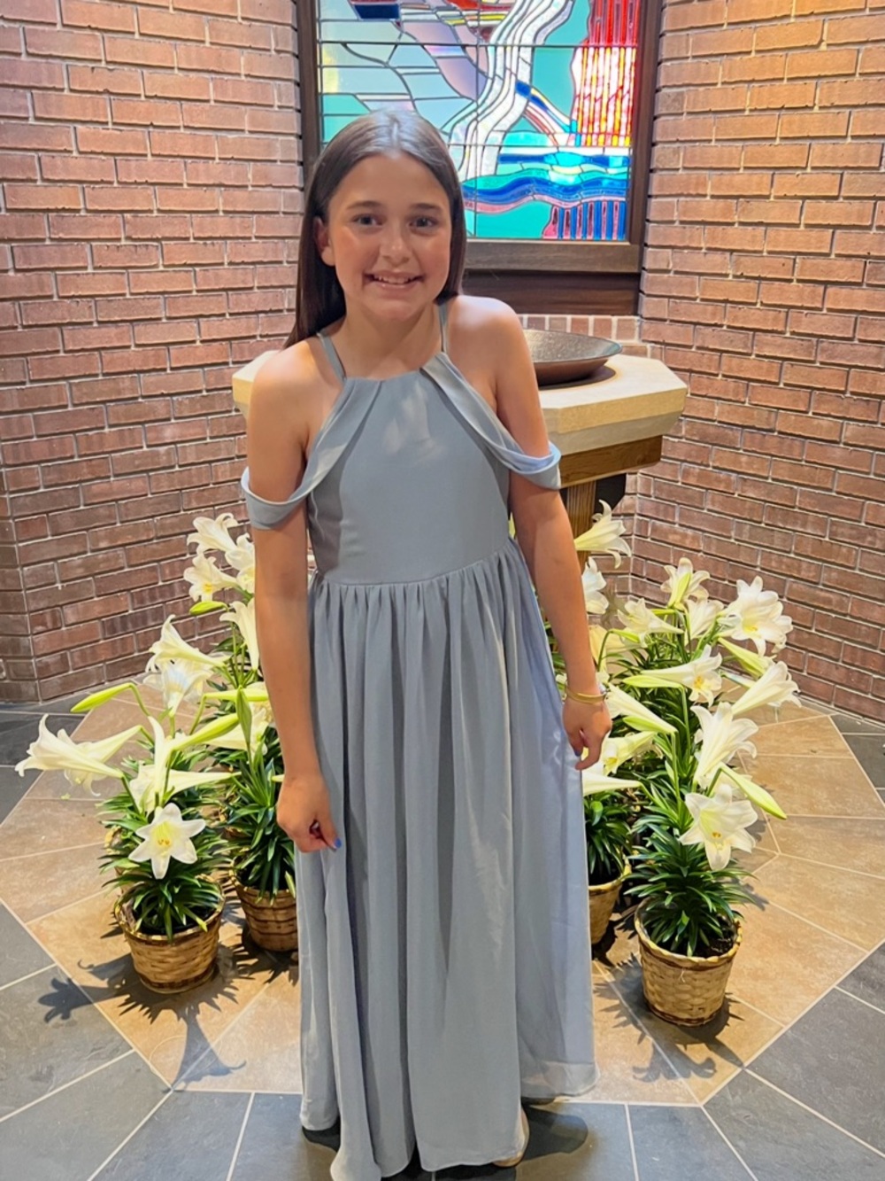 Girls' Light Blue Off-Shoulder Halter Dress